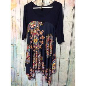 P & S Navy / Multi Color Dress 3/4 Sleeve Size Small